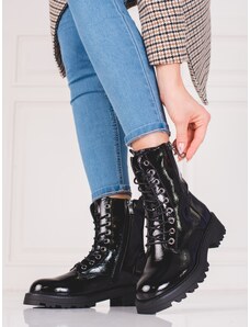 J. STAR Trendy dámské kotníčkové boty černé na plochém podpatku