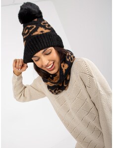 Fashionhunters Dámská černo-velbloudí zimní čepice s bambulí