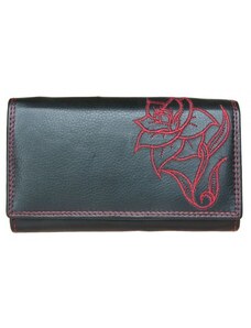 Kožená černo-červená peněženka s červeně vyšitou růží FLW