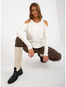 Fashionhunters Šedobílý svetr s vypnutými rameny a řetízky