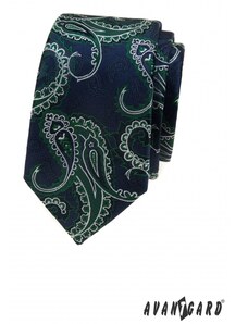 Modrá slim kravata, zelený paisley vzor Avantgard 571-22285