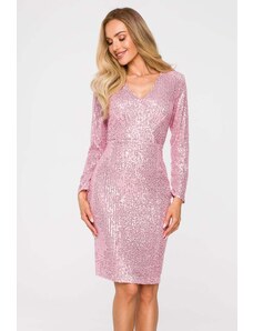 MOE Světle růžové třpytivé šaty s véčkovým výstřihem M717