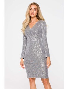 MOE Stříbrné třpytivé šaty s véčkovým výstřihem M717