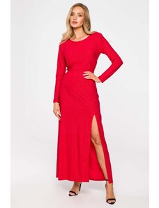 MOE Červené dlouhé třpytivé šaty s ramenními vycpávkami M719