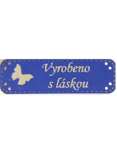 Handmade štítek MOTÝL Vyrobeno s láskou 15 x 48 mm - modrá