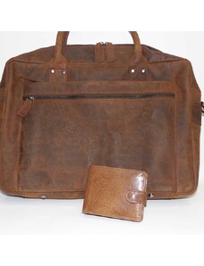 Tvujoriginal Pánský luxusní kožený set EXTRA PREMIUM Leather hnědá kožená peněženka a velká příruční taška z pravé kůže r s monogramem (ražba)