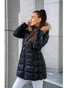 Dámský zimní prošívaný kabát s kožešinou - černý