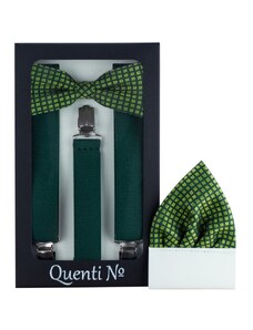 Quentino Smaragdově zelený pánský set Šle a Motýlek s kapesníčkem v dárkové krabičce