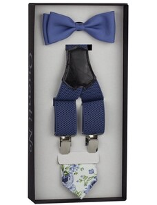 Quentino Modrý Luxusní pánský set Šle a květovaná kravata s jednobarevným motýlkem