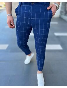 Fashionformen Kárované pánské elegantní kalhoty modré DJP63