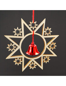 AMADEA Dřevěná ozdoba hvězda s červeným zvonečkem, 9 cm, český výrobek