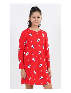 Vienetta Secret Dětská noční košile s dlouhým rukávem Sněhuláci, barva červená, 100% bavlna