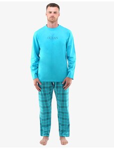 GINA Pánské dlouhé pyžamo s kostkovaným vzorem 79135P - tyrkysová, tm. šedá