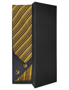 Zlatavě žlutá pánská kravata s hnědými pruhy – Dárková sada