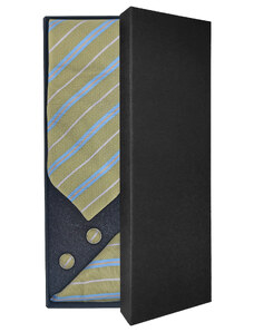 Zlatavě žlutá pánská kravata s modrými proužky – Dárková sada