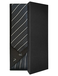 Černá pánská kravata s bílými pruhy – Dárková sada