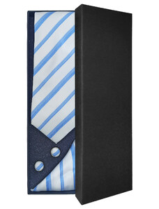 Bílá pánská kravata se světle modrými pruhy – Dárková sada