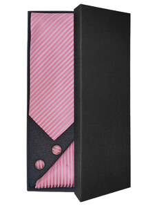 Světle růžová pánská kravata s bílými proužky – Dárková sada