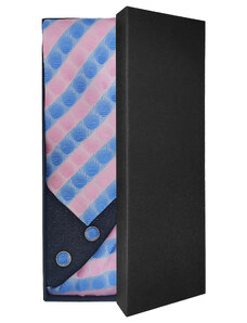 Růžová pánská kravata s modrými pruhy – Dárková sada