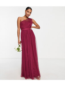 Anaya Petite Bridesmaid tulle one shoulder maxi dress in red plum