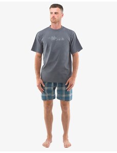 GINA Pánské krátké pyžamo s kostkovaným vzorem 79134P - tm. šedá, petrolejová