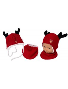 Baby Nellys Pletená dvouvrstvá čepice s šátkem Sobík, červená/bílá Velikost koj oblečení: 56-62 (0-3m)