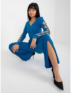 Fashionhunters Tmavě modré široké úpletové kalhoty s rozparkem