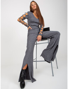 Fashionhunters Tmavě šedé pletené kalhoty s vysokým pasem