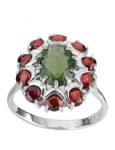 Stříbrný oválný prsten s Vltavínem a Granátem Planet Shop