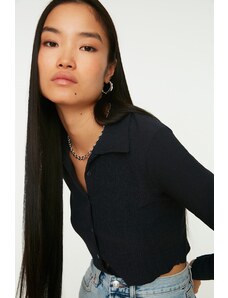 Trendyol Navy Blue Buttoned Fitted/Situated Polo Neck Crepe/Textured Crop Knitted Blouse