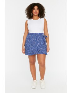 Trendyol Curve Blue Floral Patterned Woven Tied Shorts Skirt