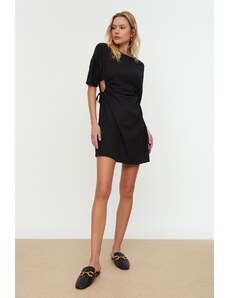 Trendyol Black Crepe Knitted Mini Dress with Cut Out and Smocking Detail that fits at the waist