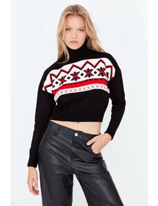 Trendyol černý vánoční motivovaný vzorovaný crop pletený svetr