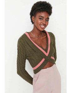 Trendyol Khaki Crop Detailní pletený svetr