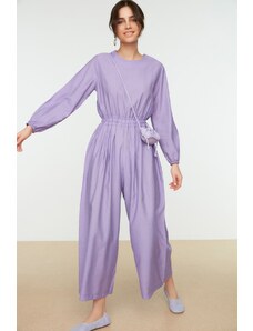 Trendyol Lilac Crew Neck Elastic Waist Comfortable Cut Wide Leg Linen Look Jumpsuit