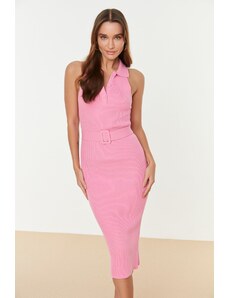 Trendyol růžové midi pletené šaty s páskem