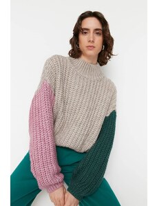 Trendyol Stone Široký střih Měkký texturovaný pletený svetr s barevným blokem