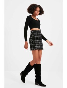 Trendyol Black Plaid Tweed Fabric Mini tkaná sukně