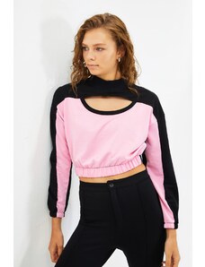 Trendyol Black Color Block Stand Up Collar Crop Slim Knitted Sweatshirt