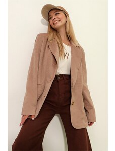 Trend Alaçatı Stili Women's Beige Velvet Woven Blazer Jacket