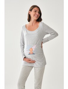 Dagi Gray Melange Wide Collar Long Sleeve Maternity T-shirt