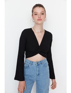 Trendyol Black Knot Detailed Wrapped/Textured Crop Knitted Blouse