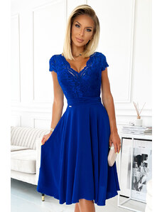 NUMOCO Modré šifónové šaty s krajkovým výstřihem ALEXIS Modrá