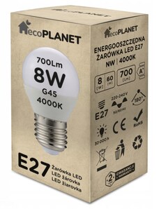 ecoPLANET LED žárovka E27 - G45 - 8W - 700lm - neutrální bílá