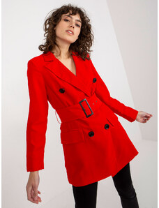 BASIC Dámský červený dvouřadý kabát s páskem --red Červená