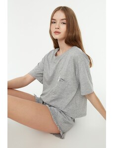 Trendyol Gray Cotton Printed T-shirt-Shorts Knitted Pajamas Set
