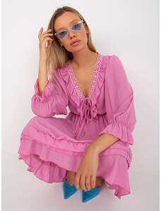 Fashionhunters Růžové mini boho šaty s volánem Winona OCH BELLA