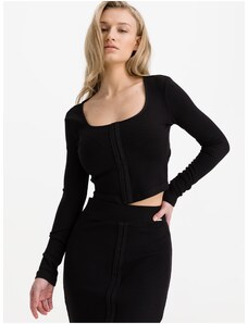 Stradivarius scoop neck long sleeve crop top in black