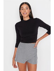 Trendyol Black With Shirring Detailed Sleeves, Fitted/Situated Stand Collar Crop Flexible Knitted Blouse