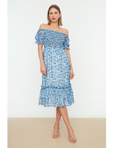 Trendyol Blue Floral Carmen Collar Skater/Waist Opening Chiffon Gimped Midi Lined Woven Dress